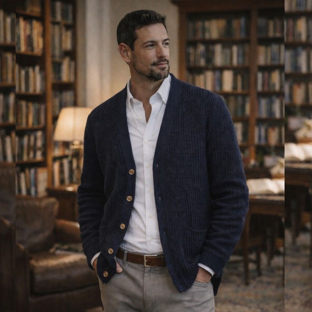 Vtg Cape Isle Knitters Navy Cotton Cardigan Mens M Cabincore Chunky Knit Pockets